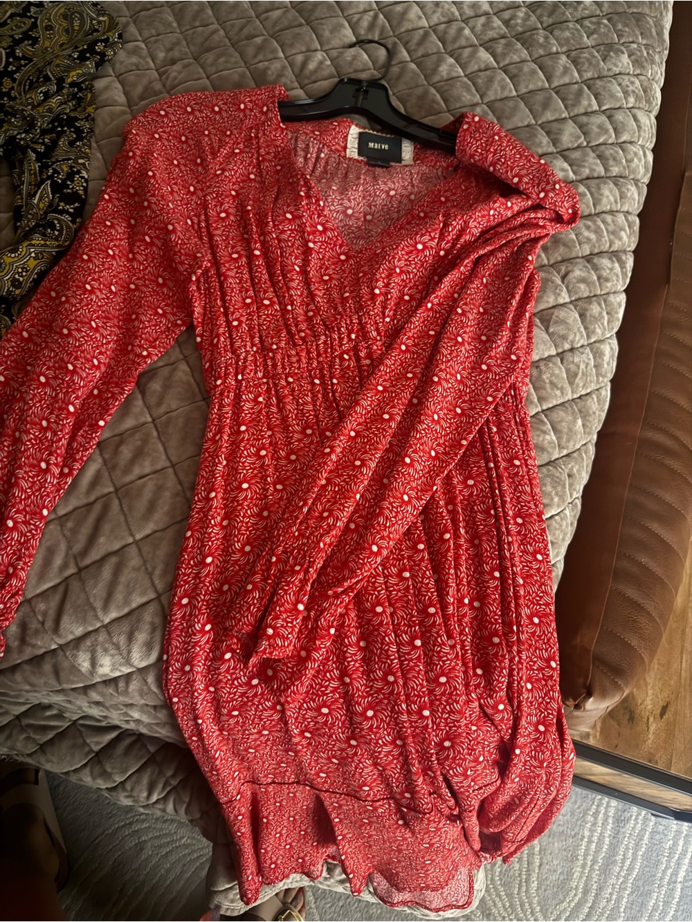 Anthropologie Red Long-Sleeve Floral-Print Midi Dress